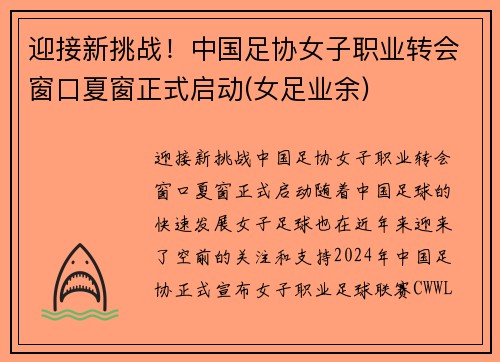 迎接新挑战！中国足协女子职业转会窗口夏窗正式启动(女足业余)